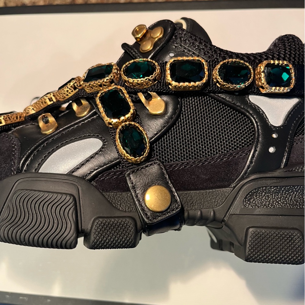 GUCCI Women's Flashtrek Crystals Black Emerald Sneakers - Picture 5 of 13